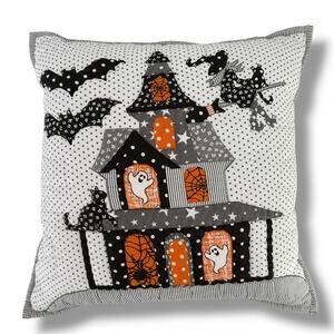 Happy Hallow Quilted Halloween Throw Pillow 17" Square Witch Bat Ghost House